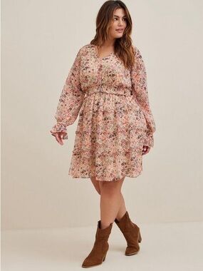 Torrid Light Pink Floral Long-Sleeve Smocked Waist Dress